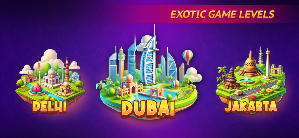 Rummy Master - Rummy Master exotic game levels featuring stylized landmarks of Delhi Dubai and Jakarta