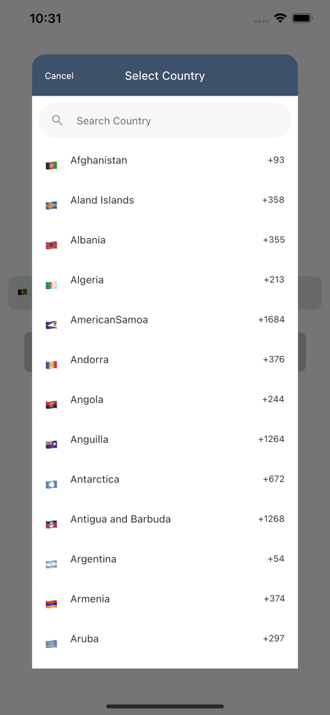 Pantalla de selección de país en la aplicación Marhaba Service mostrando una lista de países con banderas y códigos de marcación internacionales.