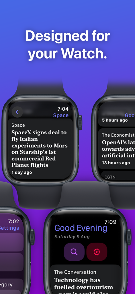 The Brief news app interface displayed on multiple Apple Watch screens featuring headlines and articles