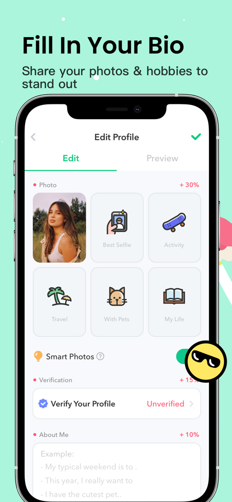 Omi dating app profile editing screen showing options to add photos and select hobbies