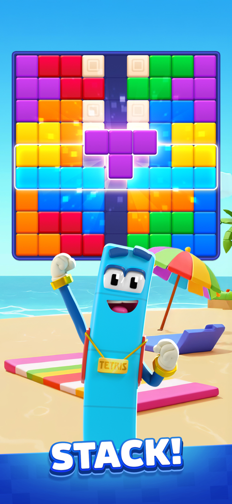Tetris® Block Party - Tetris Block Party Gameplay mit einem fröhlichen Block-Charakter an einem sonnigen Strand mit einem bunten Block-Puzzle-Brett und dem Wort STACK