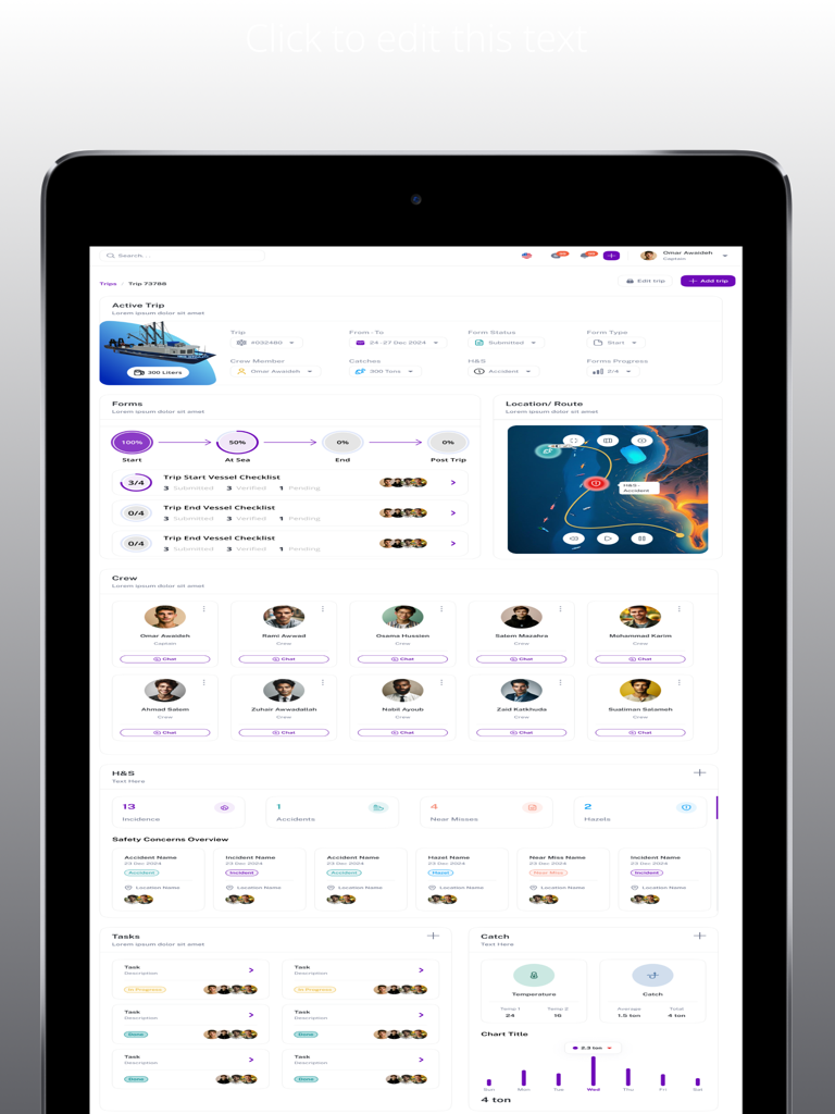 Vessel OPS - Vessel OPS maritime management dashboard on iPad displaying trip status crew info and safety analytics