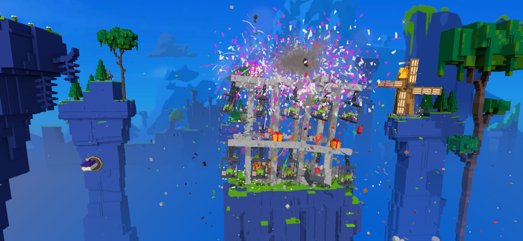 Blow it up Mobile - Una espectacular explosión de confeti destruyendo una torre de vóxeles en Blow it up Mobile.