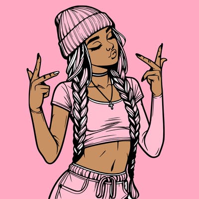 realistic teenage girl with braids and a beanie and crop top doing 🫶🏼