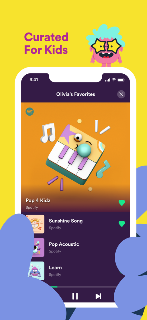 Interface do aplicativo Spotify Kids mostrando playlists de música selecionadas para uma criança