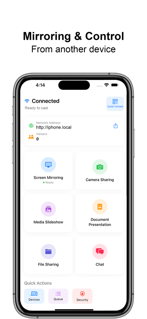AirPlay Cast - Interface de l'application AirPlay Cast montrant la mise en miroir d'écran et les options de partage de documents