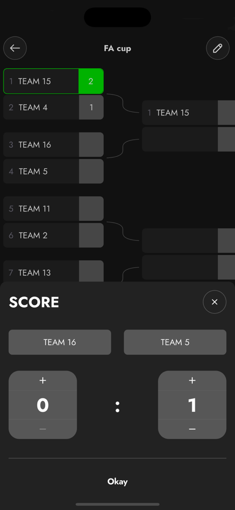 Bracket Maker: Tournament App - Interface d'application mobile montrant les mises à jour de scores en temps réel pour un tableau de tournoi