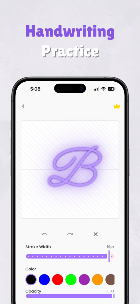 Handwriting Practice: Inkflow - Interfaz de la aplicación Inkflow de Práctica de Escritura a Mano para trazar una letra cursiva B con opciones de personalización de pincel