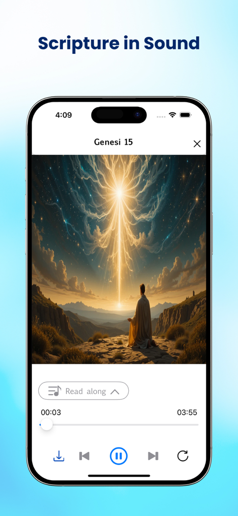 Interface of the Tagalog Bible app showing the audio scripture player with a religious artwork.