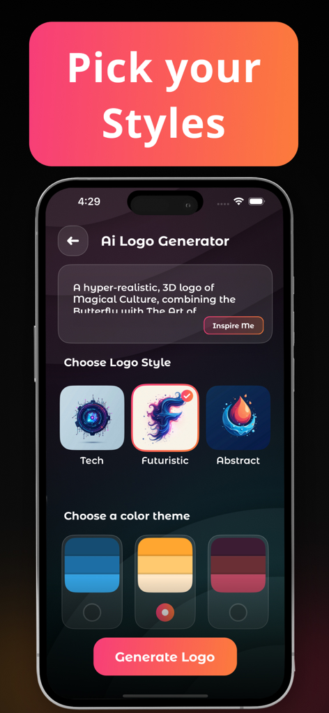 Logo Maker · Ai Flyer Maker - Evolvo app screen showing AI logo style and color theme selection options