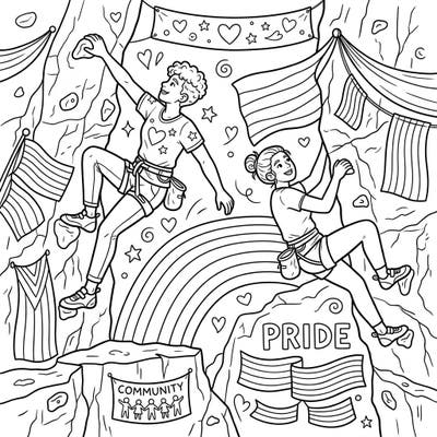Celebrate love, diversity, and athletic spirit with this inspiring coloring page. Two sport climbers ascend a vibrant rock wall adorned with Pride flags and symbols of community.