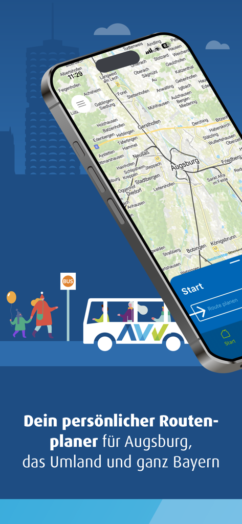 meinAVV - A smartphone showing the meinAVV transit app with a map of Augsburg and surrounding regions in Germany
