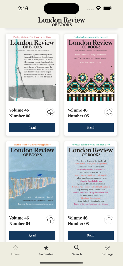 A digital library view in the London Review of Books app displaying multiple magazine covers and read buttons