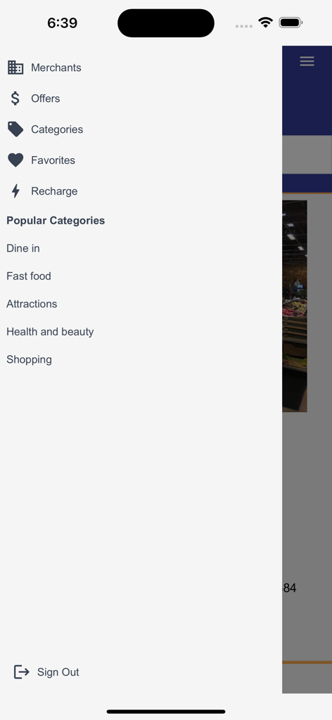 Payback - Mobile - Sidebar navigation menu of the Payback Mobile app featuring merchant categories and offers.