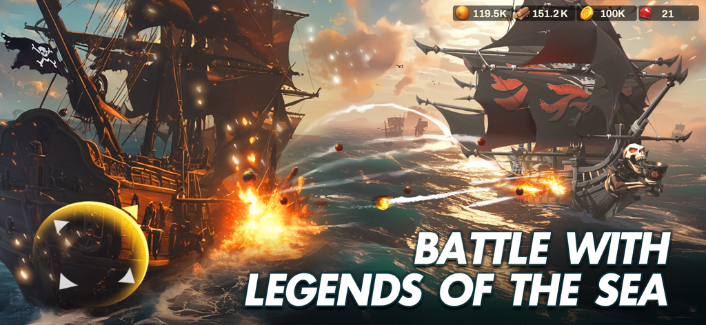 Epic naval battle between two pirate ships on the high seas with cannon fire and explosions.