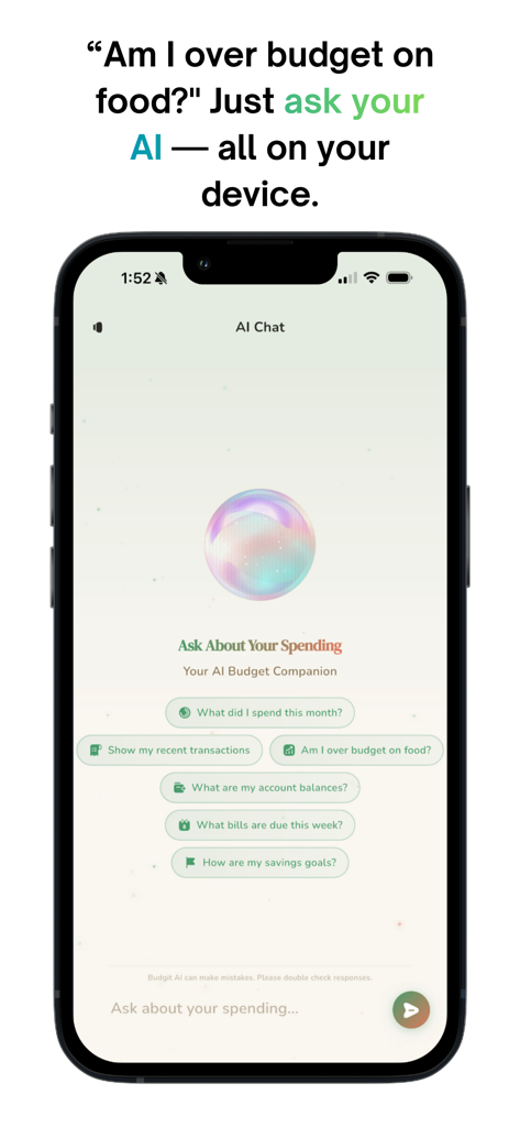 BudGIT AI - Offline Budget App - AI Chat interface in the BudGIT AI app showing various spending and budget query suggestions.