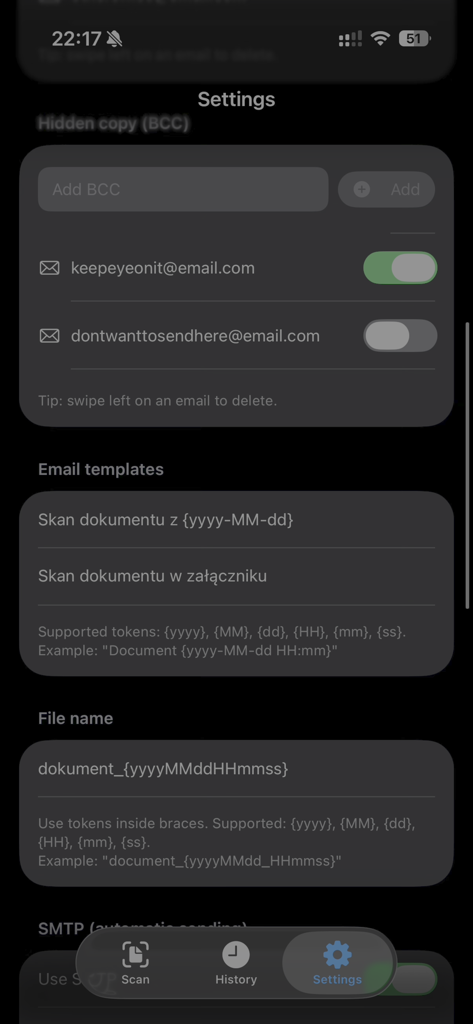 Quick Scan And Share - Settings screen for configuring email templates and document naming in the Quick Scan and Share app