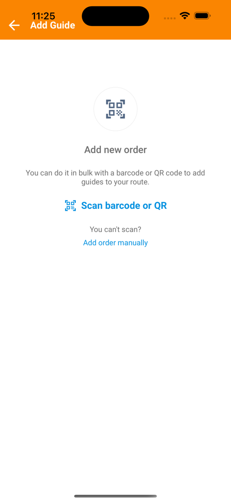 DispatchTrack LastMile - Add new order screen in DispatchTrack LastMile app with barcode and QR code scanning options.