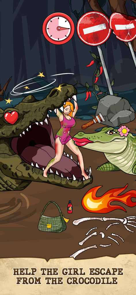Nightmare Story: Tricky Quest - A woman trapped in a crocodile's mouth in a tricky puzzle game level