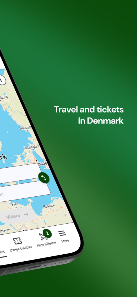 Rejsebillet mobile app interface showing travel and ticket options on a map of Denmark