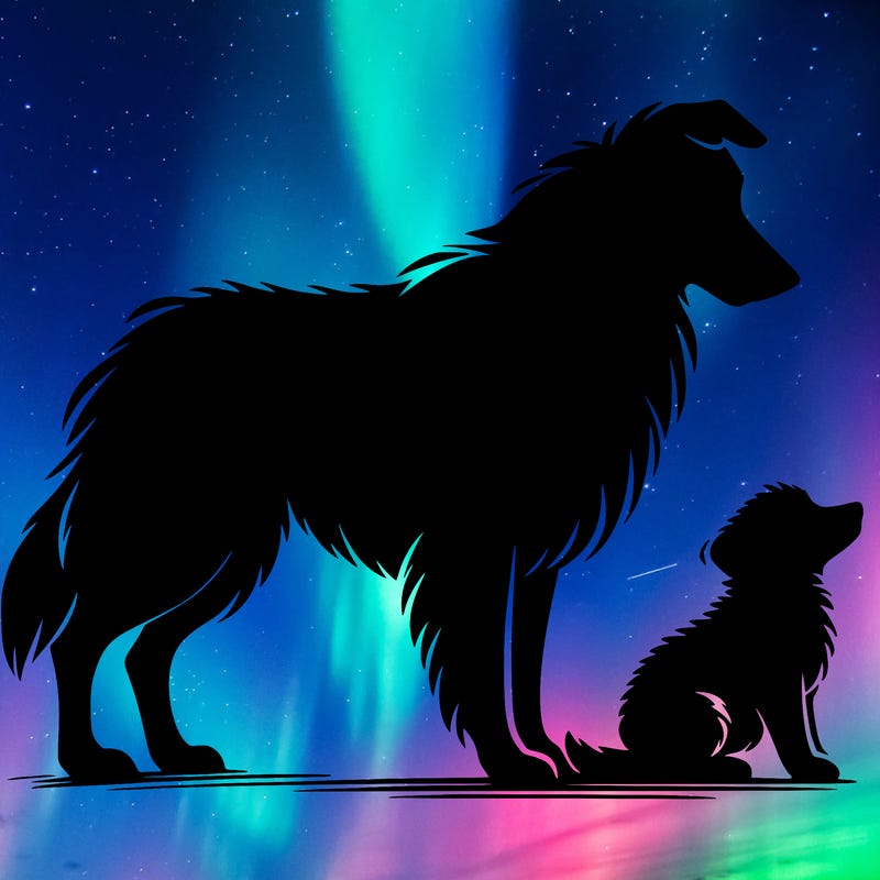 silhouette of a shepherd with his still and baby dog