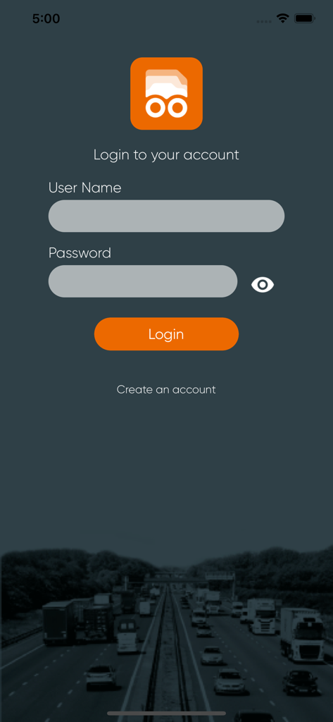 Login screen of The Driver Handbook app with user name and password input fields and an orange login button.