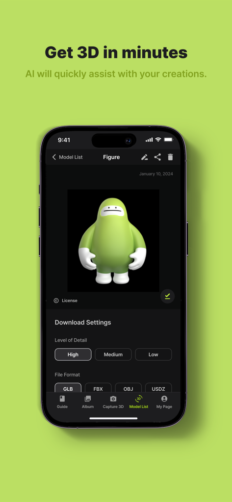 3Dpresso - 3Dpresso app interface showing a 3D scanned green character and export settings for file formats like GLB and FBX