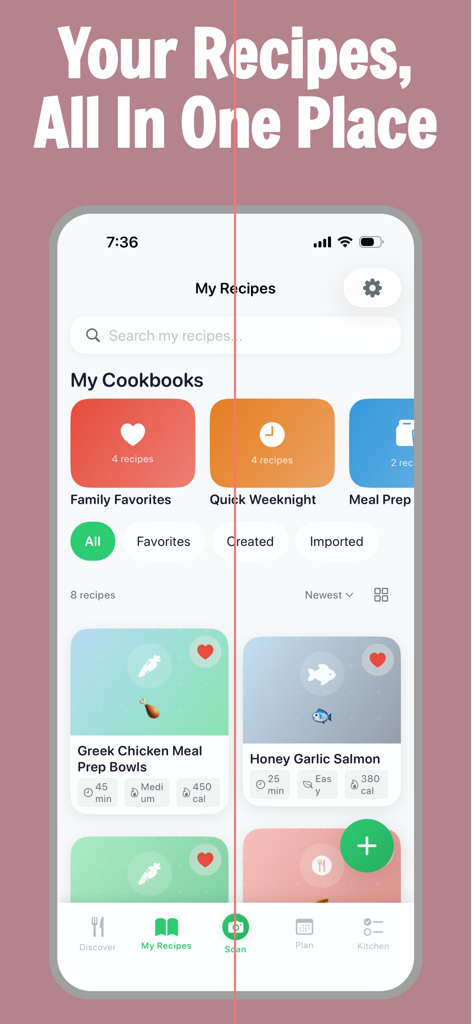 Interface of the RecipeScan app showing a recipe library with organized cookbook categories and meal suggestions
