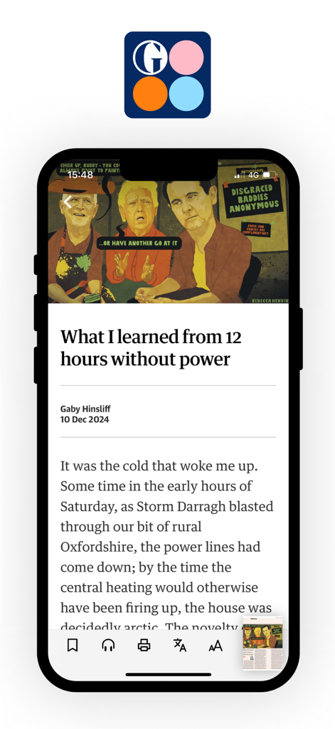 The Guardian Editions - Un smartphone mostrando un artículo de noticias digital de la aplicación The Guardian Editions con un diseño limpio e ilustración política.