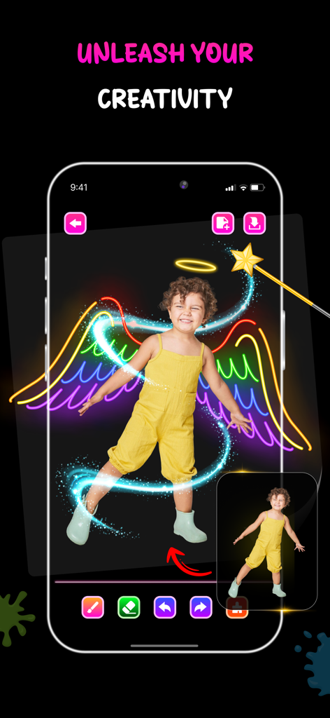 A photo of a child decorated with colorful neon glow wings and a halo in the Neon Draw app