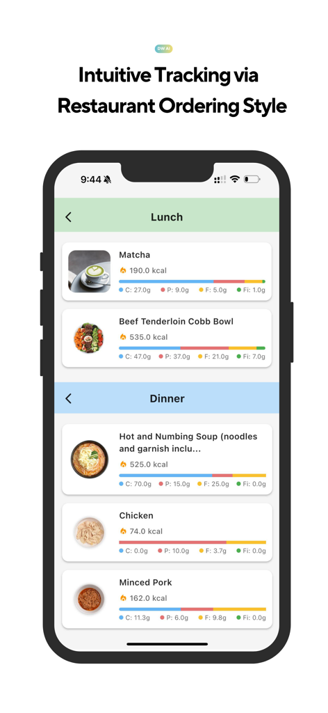 DineWell AI - DineWell AI mobile app interface showing calorie and macronutrient tracking for restaurant meals organized by lunch and dinner.