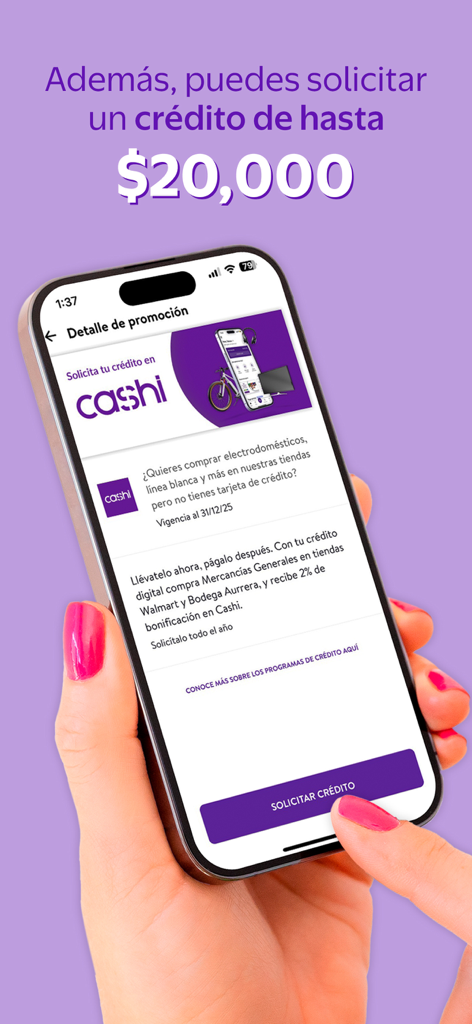 Cashi - Smartphone displaying a credit offer of up to 20000 on the Cashi digital wallet app