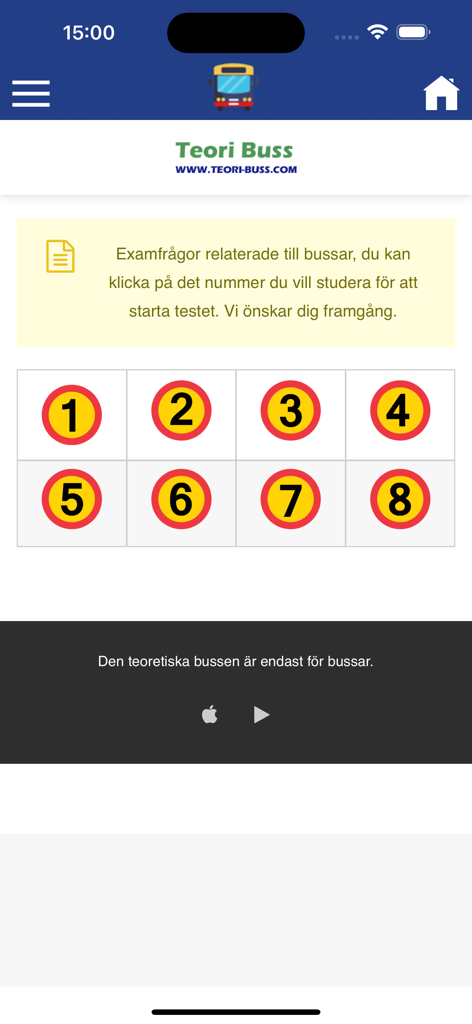Teori Buss app interface with eight numbered test modules for bus driver theory exam preparation