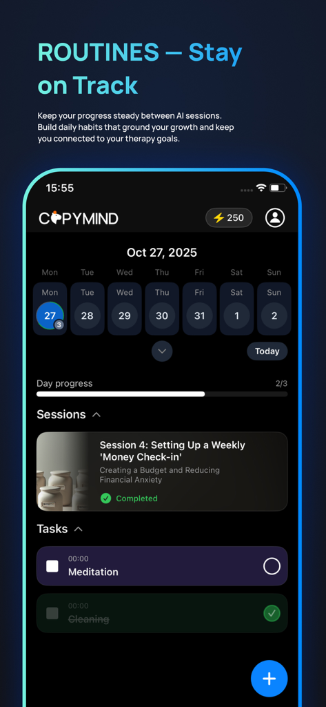 COPYMIND: AI Twin - Panel de la aplicación COPYMIND que muestra el progreso de las rutinas diarias, sesiones completadas y una lista de tareas para el bienestar mental.