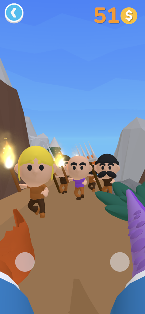 Human Hunter - First-person perspective of a monster confronting a group of villagers with torches in the Human Hunter game.