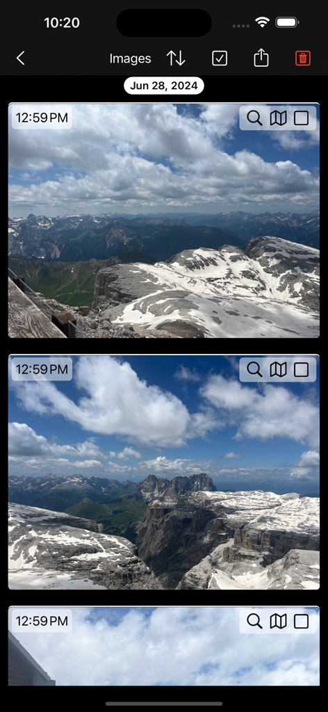 Maps for OSM - Galería de fotos de montañas geolocalizadas con marcas de tiempo en la aplicación de navegación Mapas para OSM.