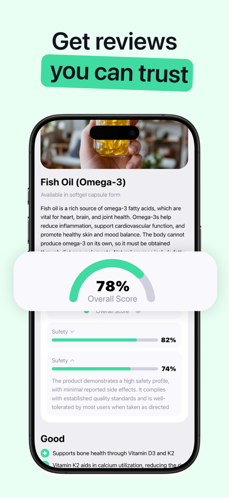 A mobile app interface displaying a 78 percent trust score and ingredient safety analysis for a fish oil supplement.