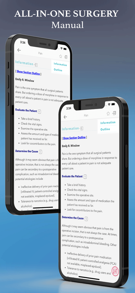 Washington Manual - Surgery - Interfaz de la aplicación Washington Manual Surgery que muestra protocolos clínicos para la evaluación del dolor del paciente en dos iPhones.