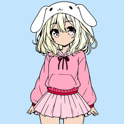 pretty anime girl wearing a fluffy hoodie with bunny ears on the hood and a skirt