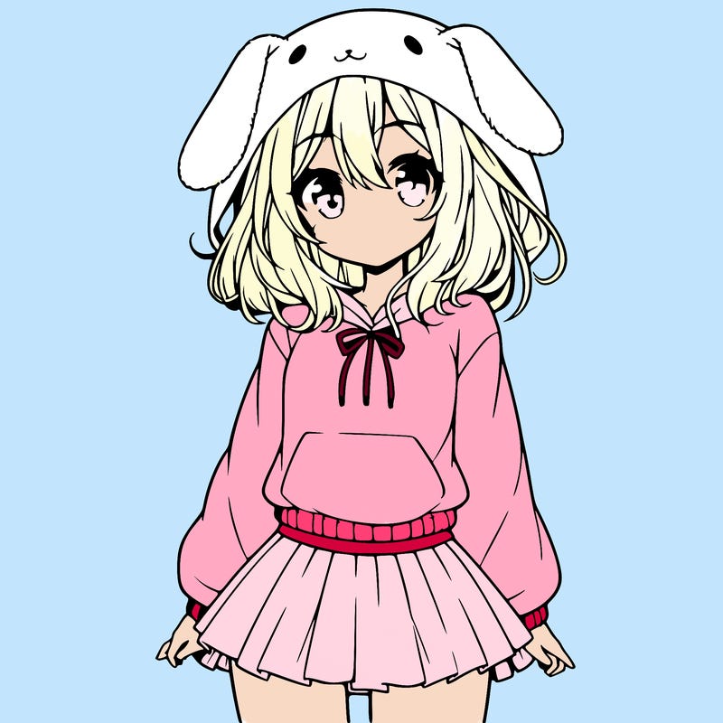 pretty anime girl wearing a fluffy hoodie with bunny ears on the hood and a skirt