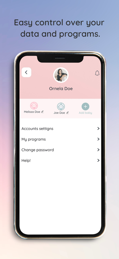 Sinana - Për bebin dhe nënën - Sinana app user account and settings screen featuring baby profile management and menu options