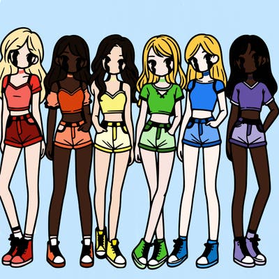 a group of girls wearing crop tops and shorts