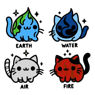 4 cats that represent the different elements, earth, water, air, and fire