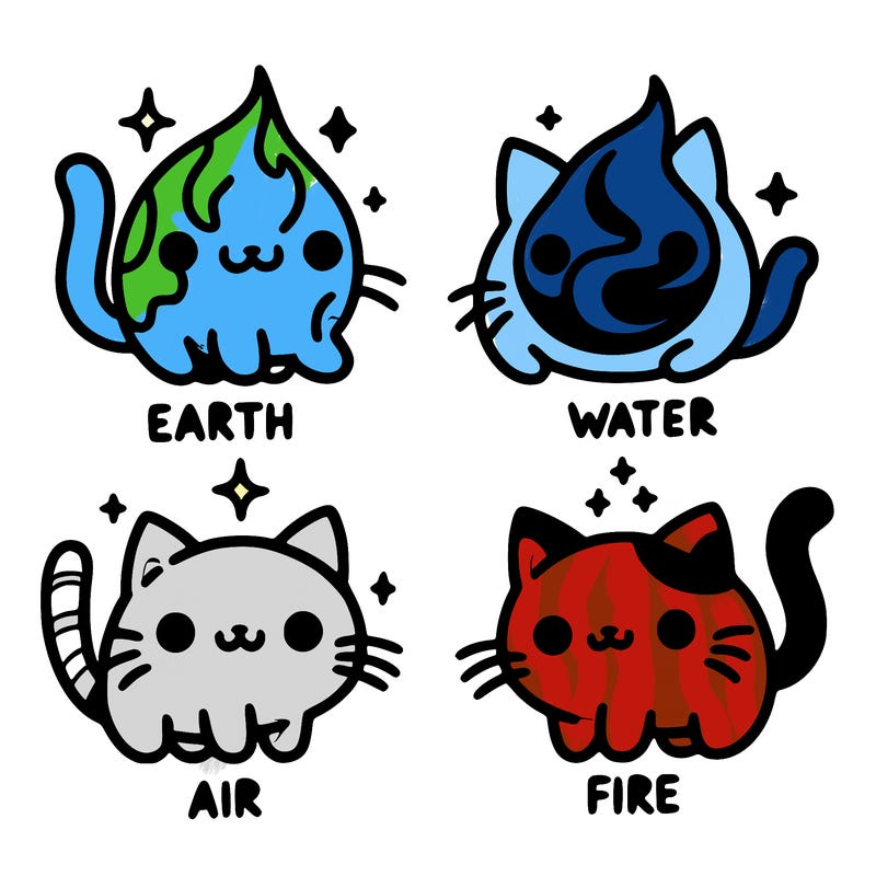 4 cats that represent the different elements, earth, water, air, and fire