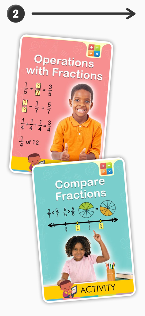 Educational activity screens from a math app showing lessons on comparing and operating with fractions for third graders.