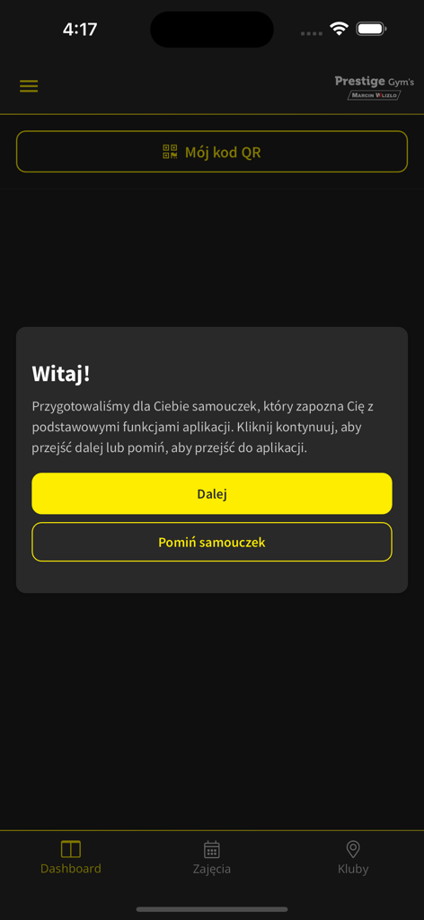 The welcome and tutorial screen of the Prestige Gyms mobile app