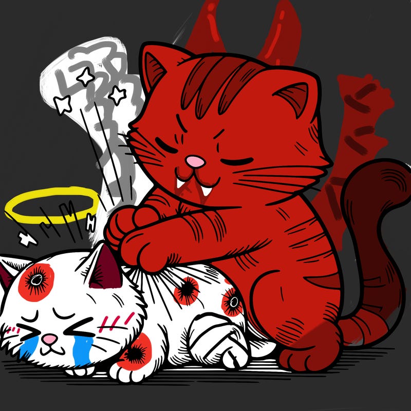 a cat scratching a battered cat