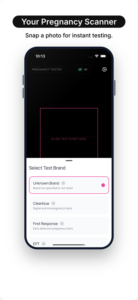 AI Pregnancy Test Reader - AI Pregnancy Test Reader app interface showing the pregnancy scanner camera view and brand selection menu.