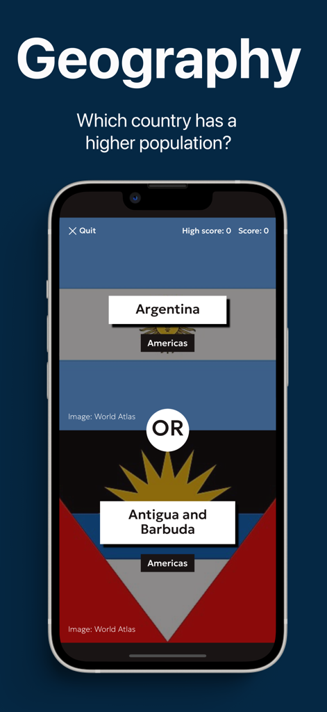 Una captura de pantalla del modo de trivia de geografía en el juego 'Mayor o Menor' comparando la población de Argentina y Antigua y Barbuda.