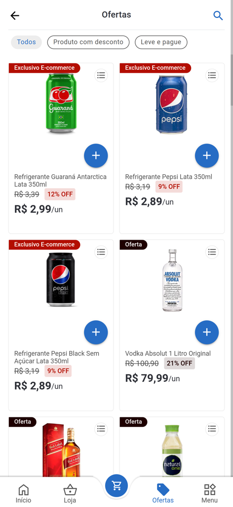 割引率と限定eコマース価格が表示された飲料オファーのリストを示すモバイルアプリ画面。